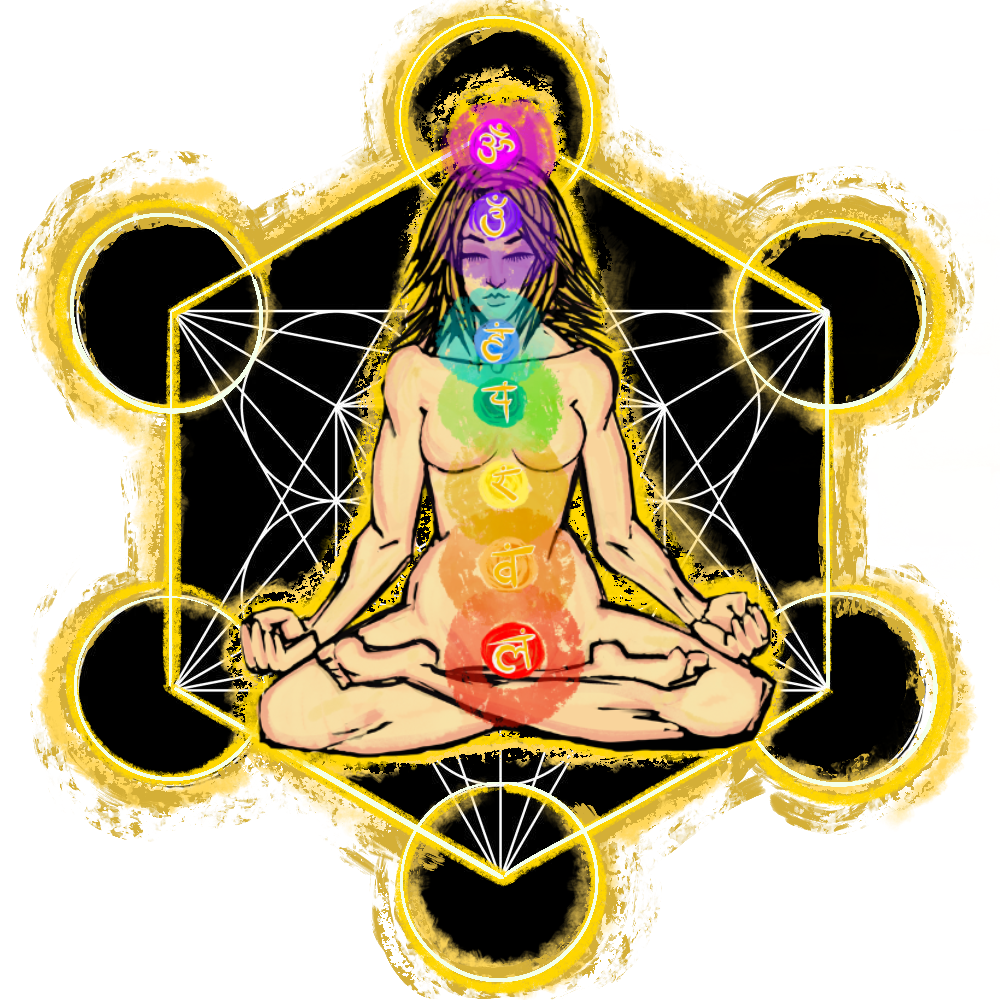 Chakra alignment illustration within Metatron's Cube sacred geometry