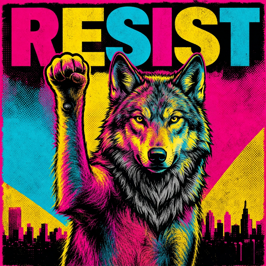 Awaken Oneness wolf — pop art RESIST poster, Stray Dog News