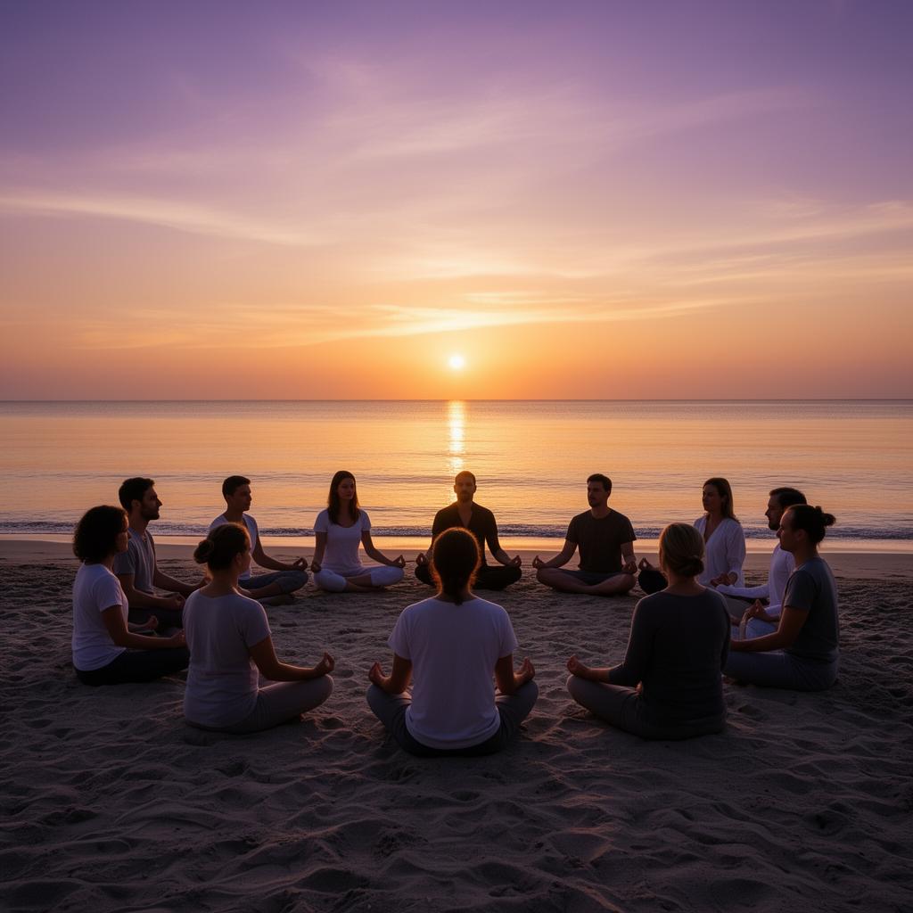 A peaceful group gathering meditating together on the beach at sunset