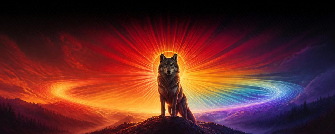Spirit wolf standing atop a mountain, rainbow sun rays of red, orange, yellow, blue and indigo radiating behind